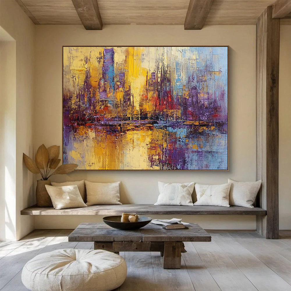 “Colorful City Reflection” - Yellow, Purple, Blue, Abstract Cityscape Reflection Painting On Canvas HB0986