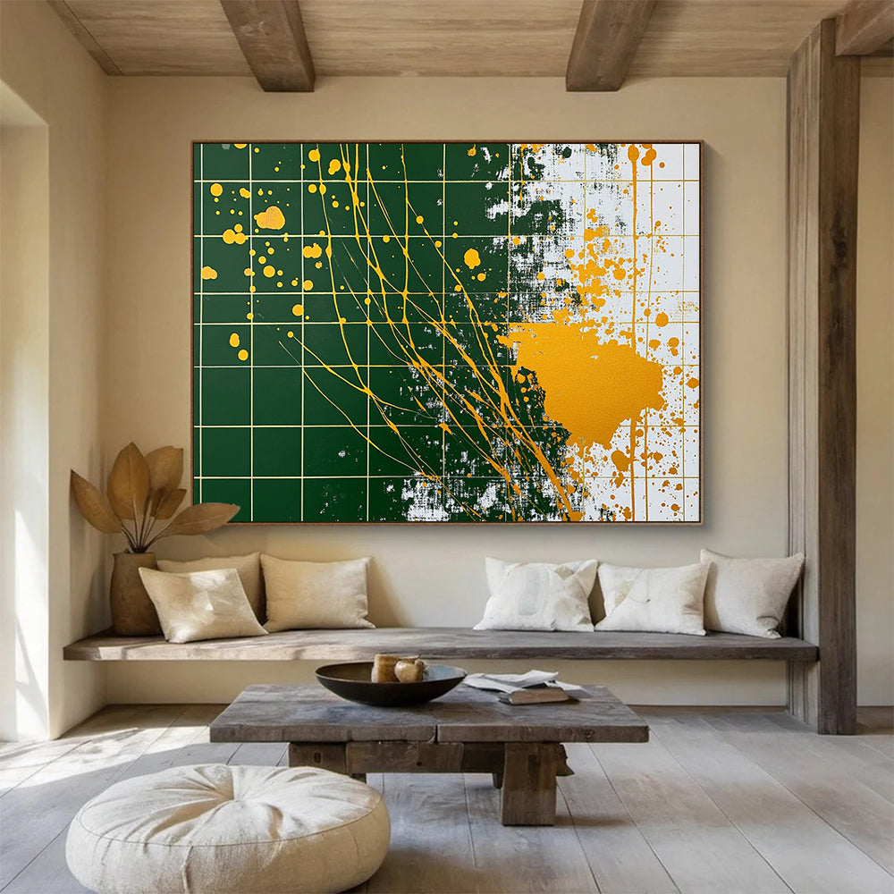 “Gold - Splatter Grid” - Green grid, yellow splatters, Abstract Painting On Canvas HB0558