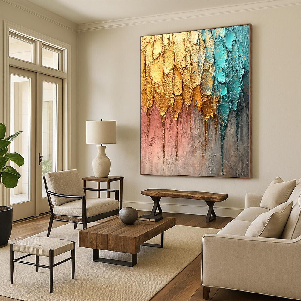 Contemporary abstract painting featuring textured brush strokes in gold silver and teal against a muted gray background with dynamic raindrop-like lines. DLZ1193