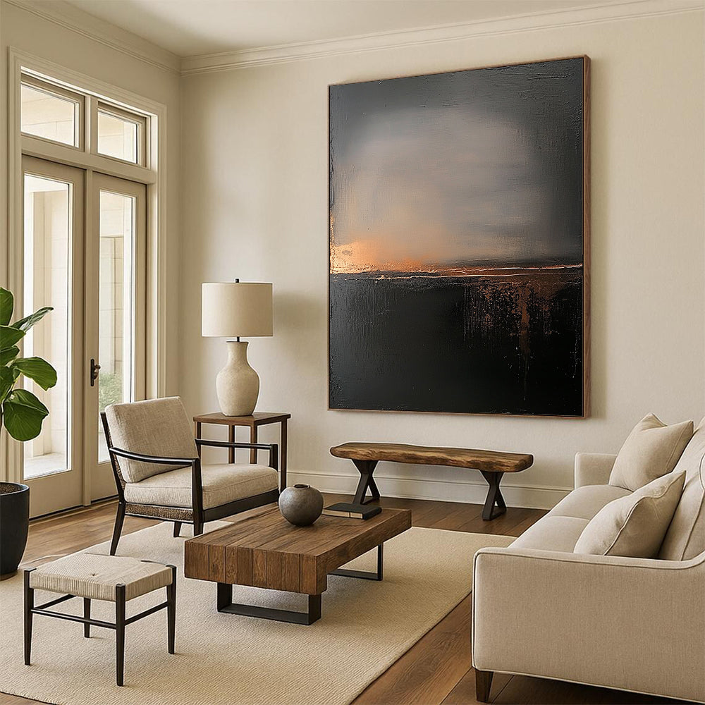 Contemporary abstract painting featuring atmospheric clouds and a foggy landscape in muted gray and black tones with hints of gold enhancing serenity and introspection. DLZ0692
