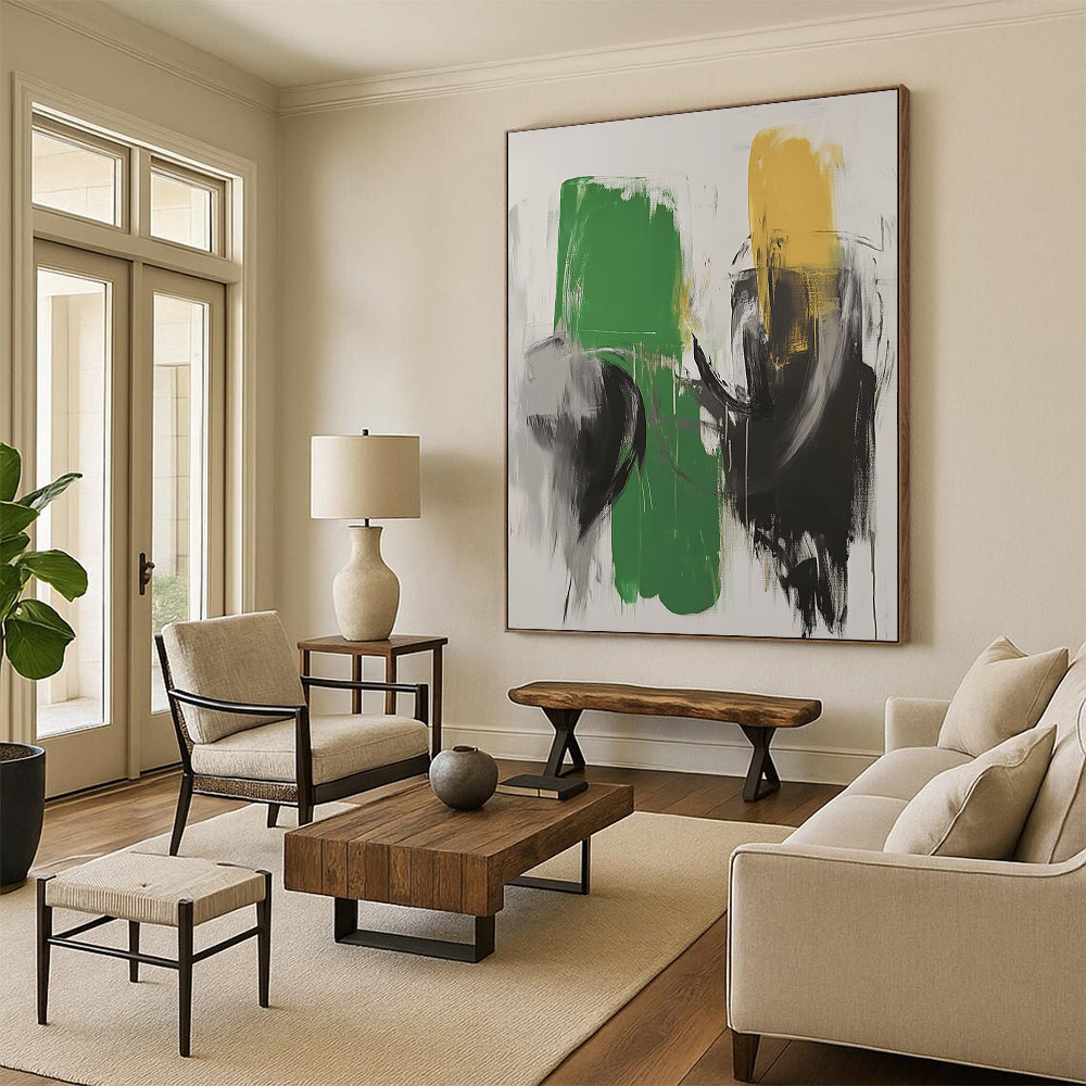 Large contemporary hand-painted abstract artwork featuring green and white tones with black strokes and blurred robot forms in dark gray. DLZ0523