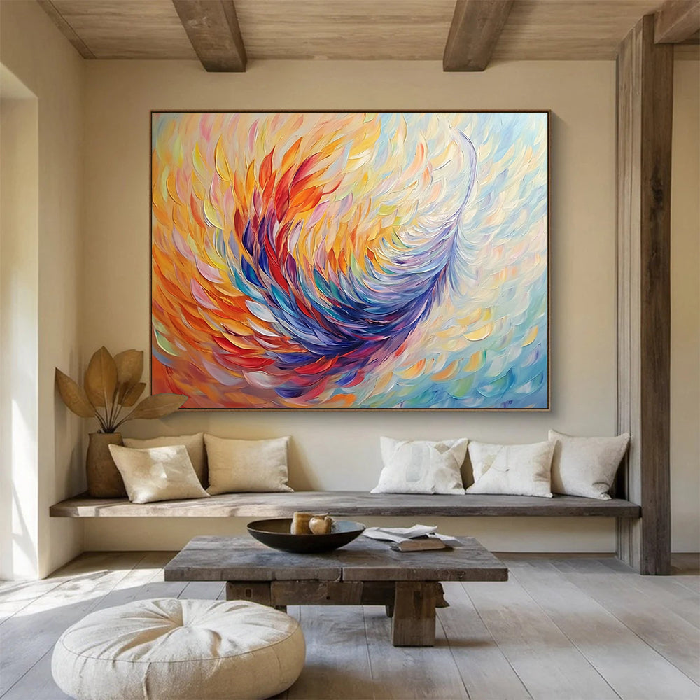 “Colorful Feather - like Abstract” - Yellow, Orange, Red, Blue, Purple with Feather Shapes - Painting On Canvas HB1395