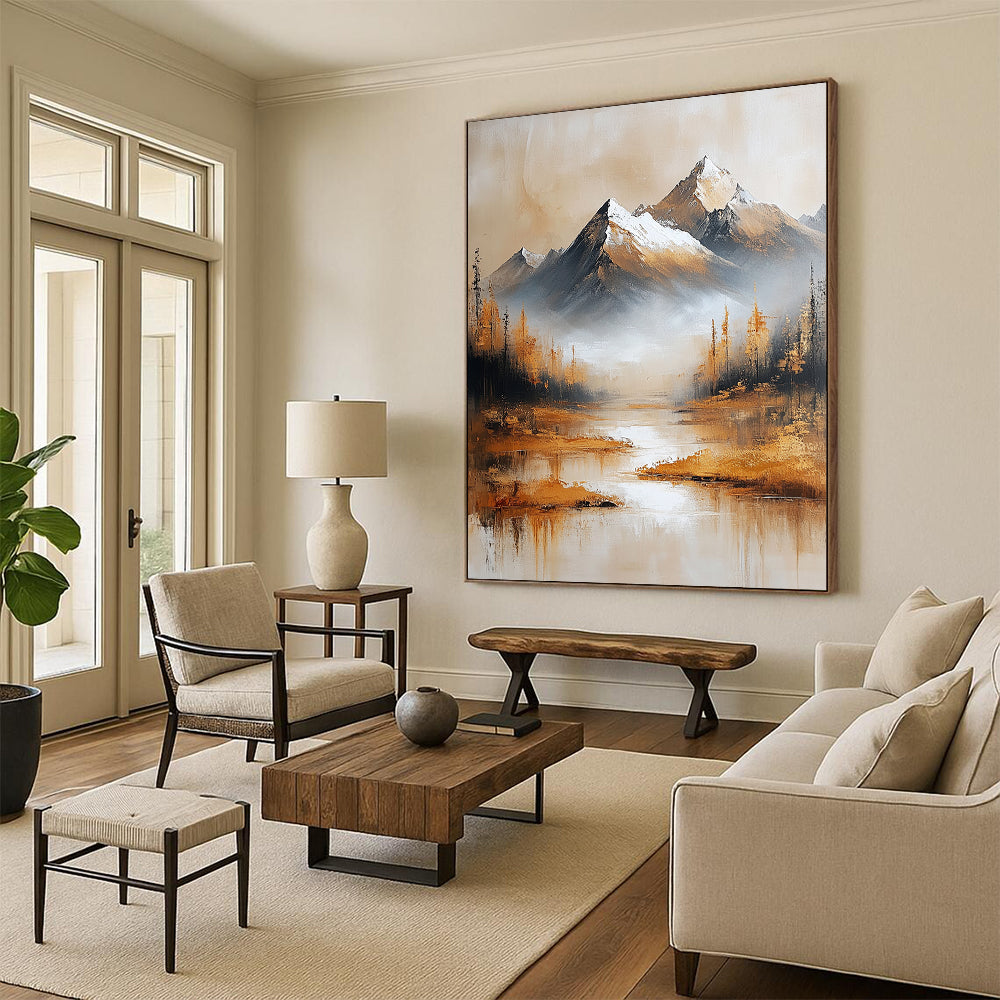Contemporary abstract oil painting features golden mountains with a snow-capped background in a minimalist beige and gold color scheme. DLZ0481