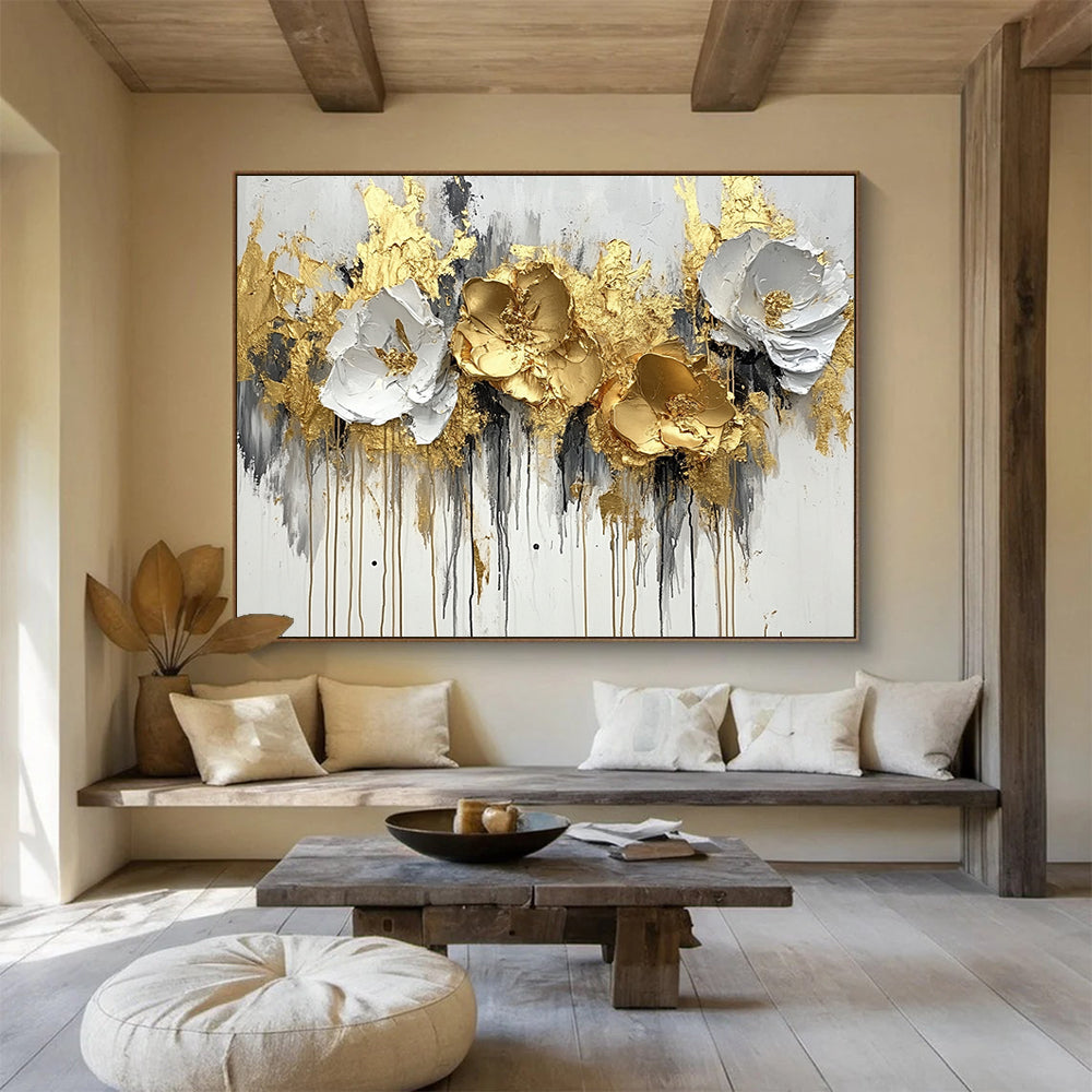 “Gold - White Floral Abstract” - Gold, White, Gray, Textured Flowers - Painting On Canvas HB1414