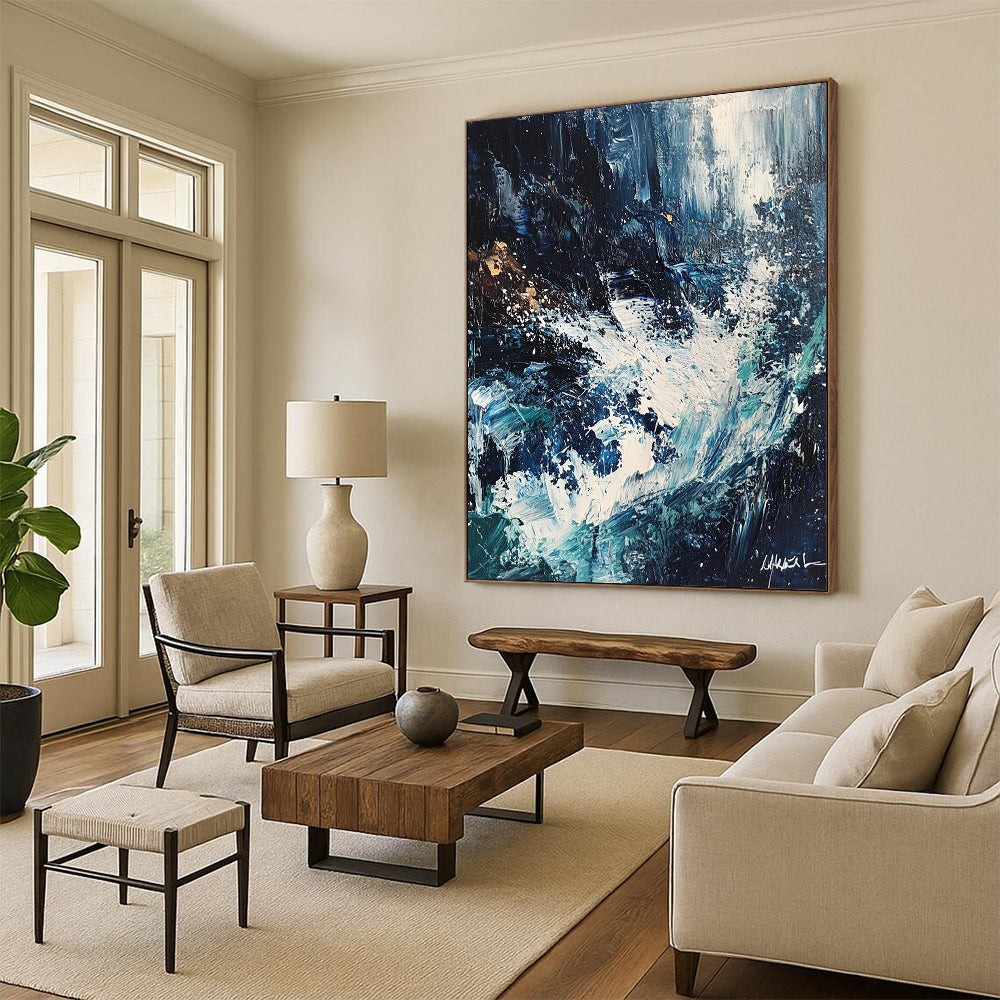 Contemporary abstract painting featuring crashing waves in white and blue hues with dark tones expressive brush strokes and palette knife textures. DLZ0617