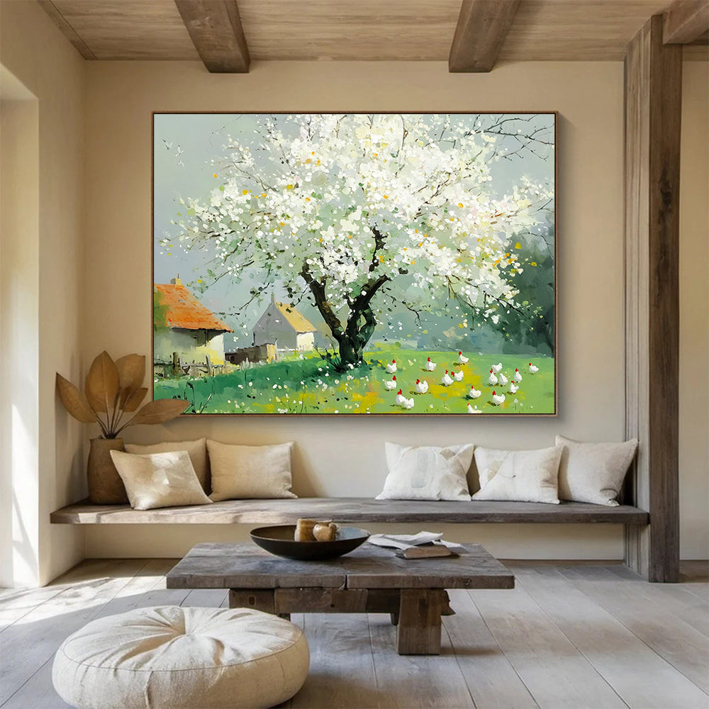 “Blossoming Tree & Farm Scene” - White blossoms, green field, farmhouses, Impressionist Landscape Painting On Canvas HB0597