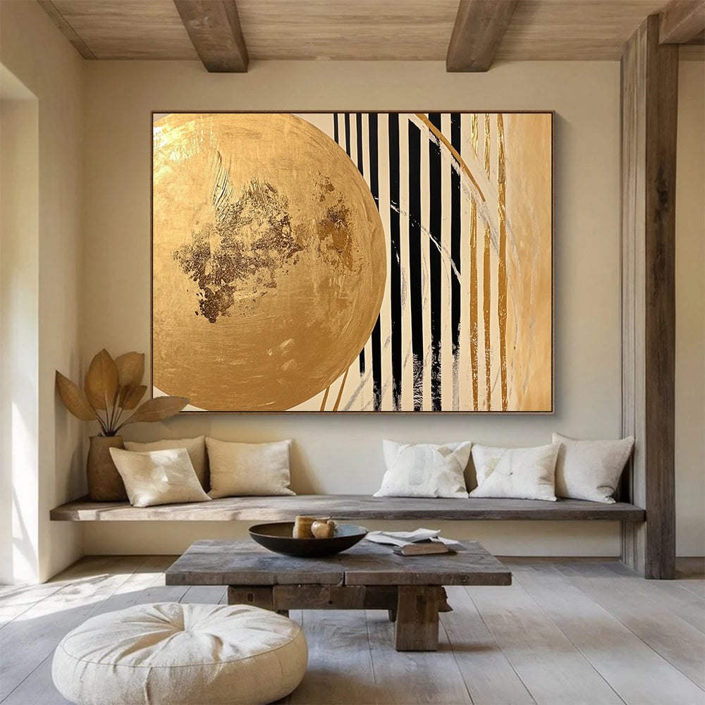 “Gold - Black Striped Abstract” - A gold circle with black and white stripes, Abstract Geometric Painting On Canvas HB0555