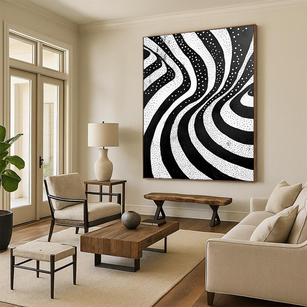 Black and White Wavy Dots "Rhythmic Flow" Painting On Canvas HB255