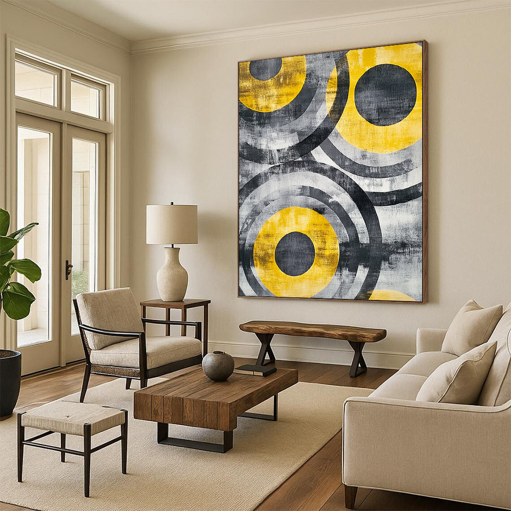Gray, Black, Yellow and White Abstract Circles "Energetic Orbits" Painting On Canvas HB380