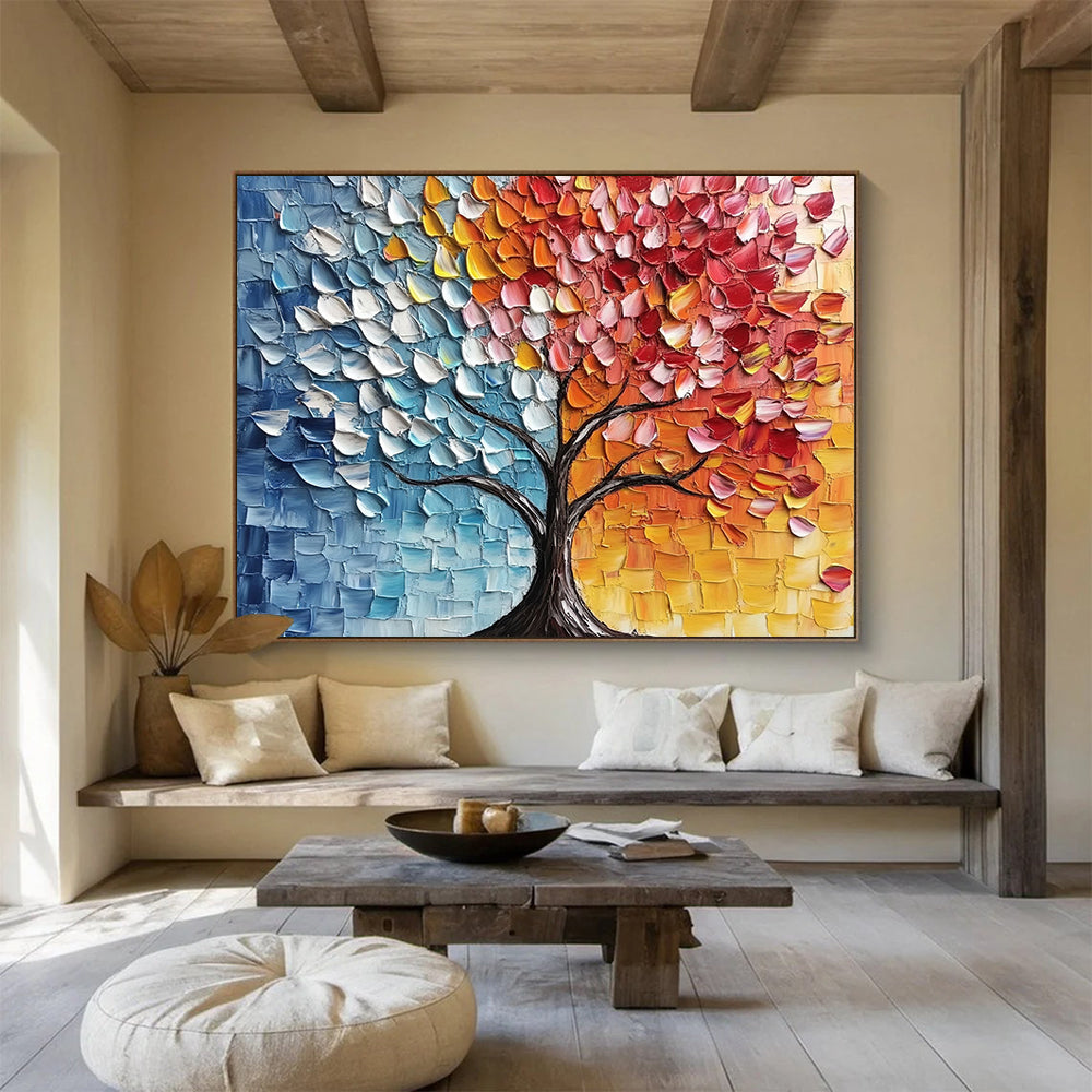 “Split - Color Textured Tree” - Blue, Orange, Red, Yellow, Textured Tree Silhouette - Palette Knife Acrylic Painting HB1638