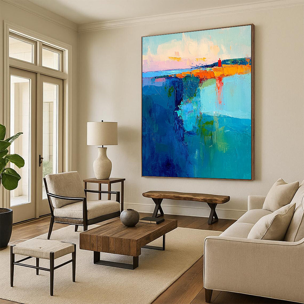 Contemporary abstract canvas showcases swirling teal and blue brushstrokes with a pastel sky and a striking red lighthouse embodying energy and tranquility. DLZ0363