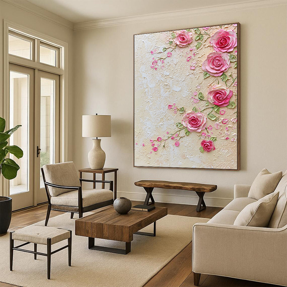 Contemporary handcrafted abstract art features delicate pink lace and roses with an elegant beige background of small flowers and greenery, exuding refined charm and sophistication. DLZ1247