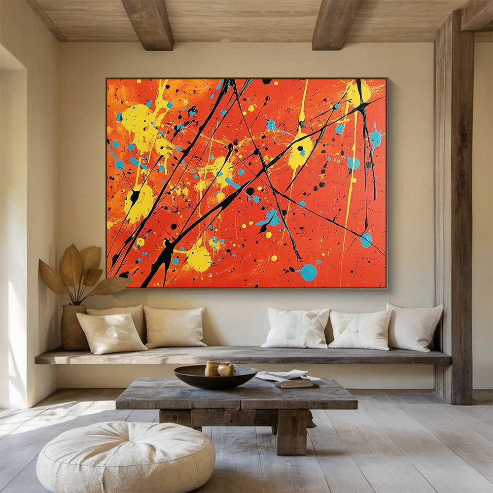 “More Colorful Splatter On Orange” - Orange, Yellow, Blue, Black, Abstract Expressionist Painting On Canvas HB0684