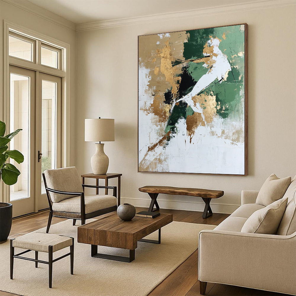 Large contemporary abstract painting featuring white and green tones with gold accents and a dynamic human figure crafted from natural elements. DLZ0780