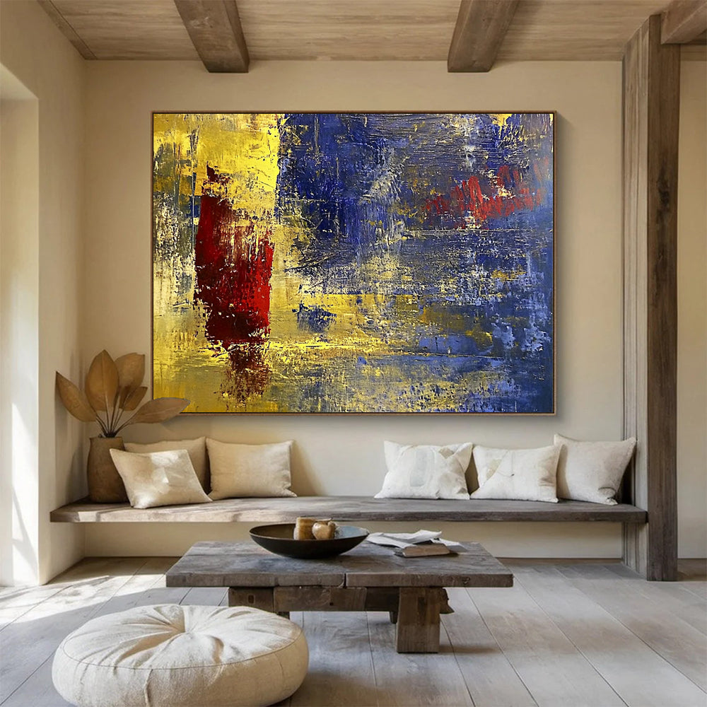“Golden Blue Abstract” - Gold, Blue, Red, Textured Abstract Shapes Painting On Canvas HB0947
