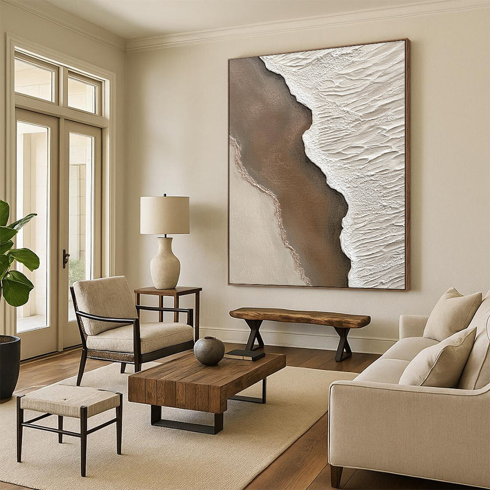 Contemporary abstract artwork highlighting textured sand and water at the beach with intricate details in brown and white creating a serene coastal atmosphere. DLZ1210