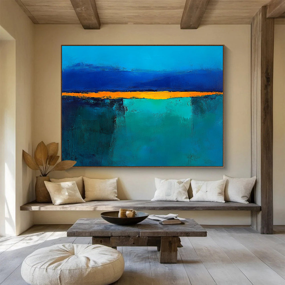 “Blue Orange Abstract Horizon” - Blue, Orange, Teal, Yellow, Horizontal Forms - Painting On Canvas HB1424