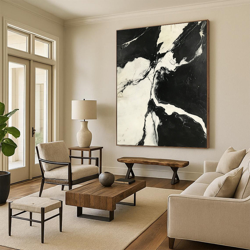 Contemporary hand-painted abstract art showcasing a striking black-and-white aerial view of high-contrast marble patterns. DLZ1138