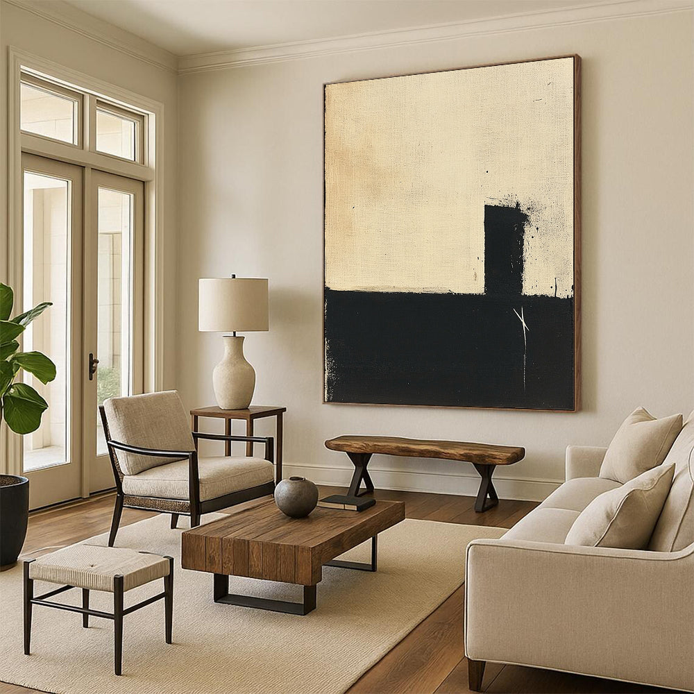 Contemporary hand-painted abstract art featuring a minimalistic black and beige palette with simple shapes and visible brush strokes on inked paper. DLZ0940