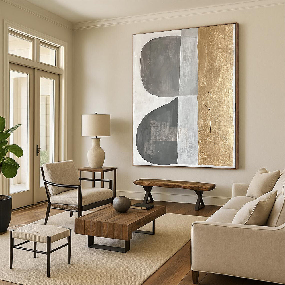 Gray, Silver, Gold and White Geometric Abstraction "Minimalist Geometry" Painting On Canvas HB396