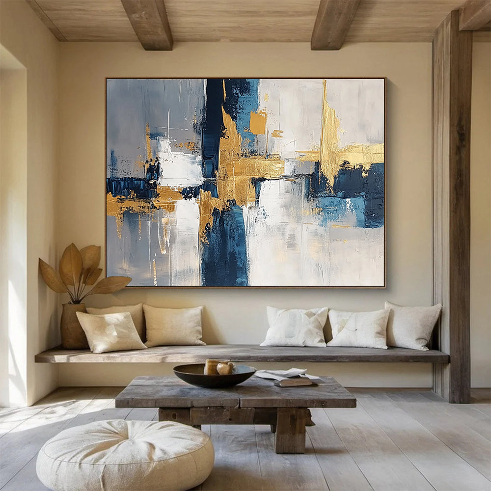 “Geometric Gold - Blue - Gray Abstract” - Gold, Blue, Gray, White, Geometric Forms Painting On Canvas HB0820