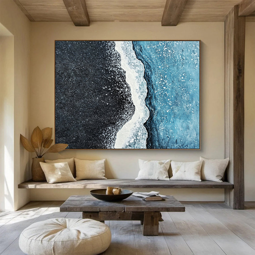 Black Beach with White Foam and Blue Sea - Coastal Abstract Painting On Canvas HB0486