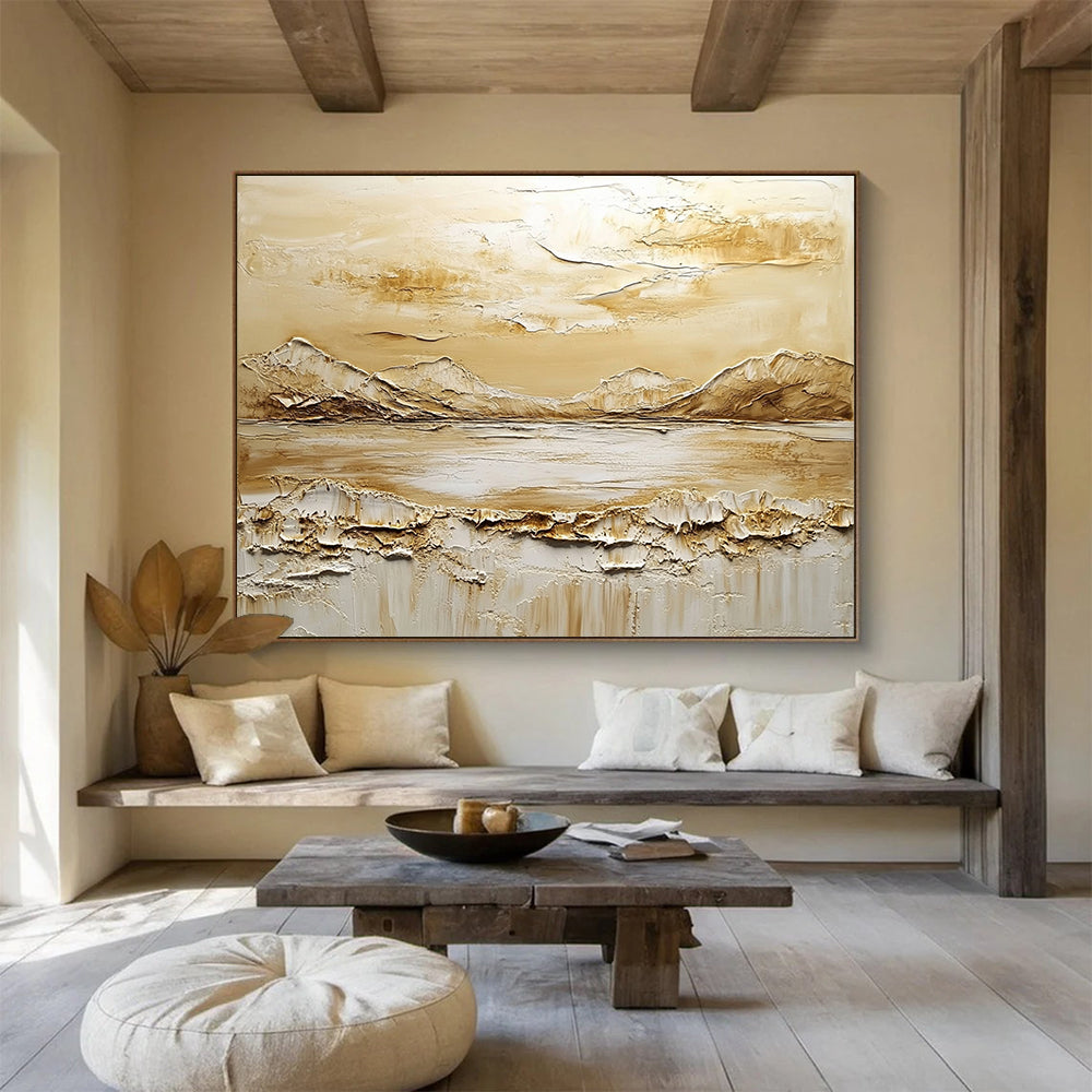 “Earthy Tones Textured Landscape” - Beige, Brown, White, 3D Mountain - Lake Abstract Painting On Canvas HB0982