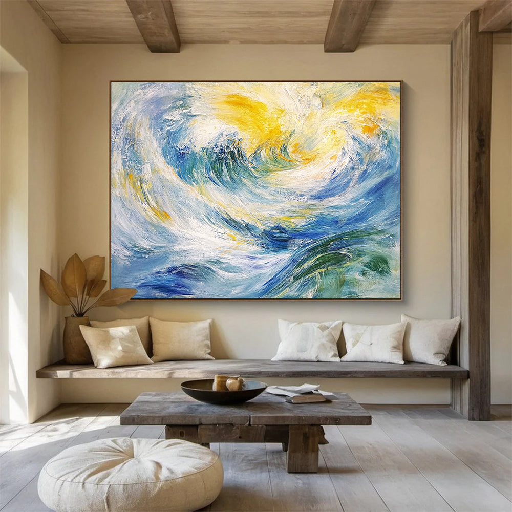“Swirling Wave Dream” - Blue, yellow, white, green; Fluid strokes mimic ocean waves; Impressionistic Seascape Oil Painting On Canvas HB1173