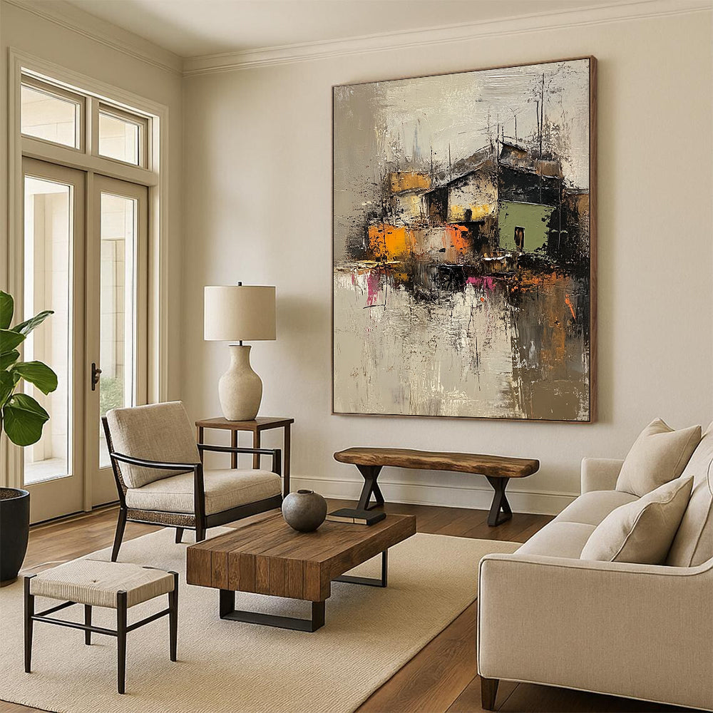 Contemporary abstract artwork featuring an old village in muted grey and brown, highlighted with vibrant green, yellow, orange, and pink textures. DLZ0961