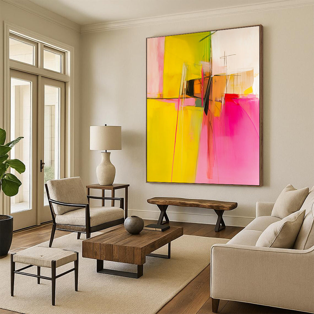 Contemporary abstract painting featuring pink and yellow hues, geometric shapes, and white space, evoking emotions through bold brushstrokes and soft curves. DLZ0719