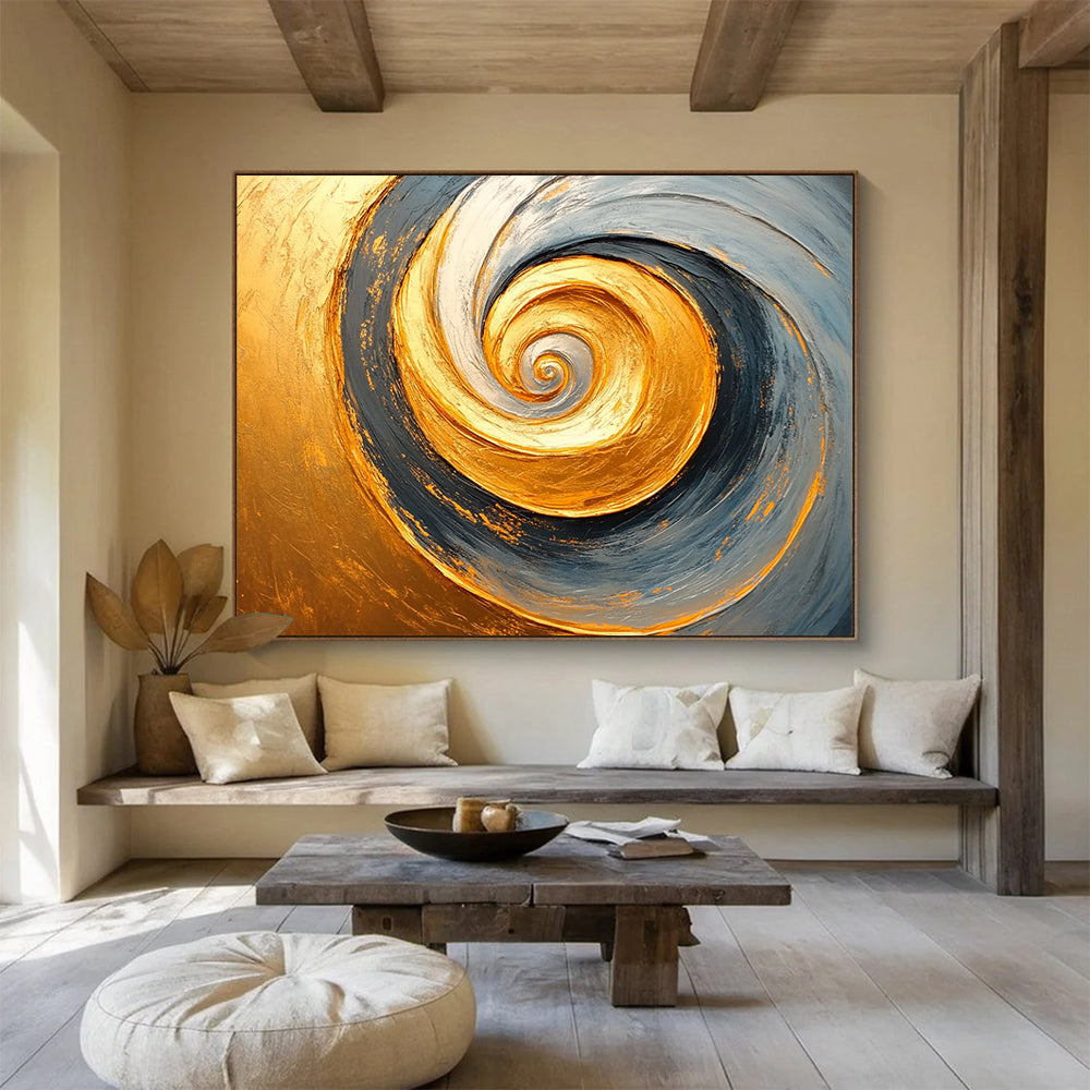 “Golden Spiral Abstract” - Gold, Gray, Spiral Abstract Oil Painting On Canvas HB0723