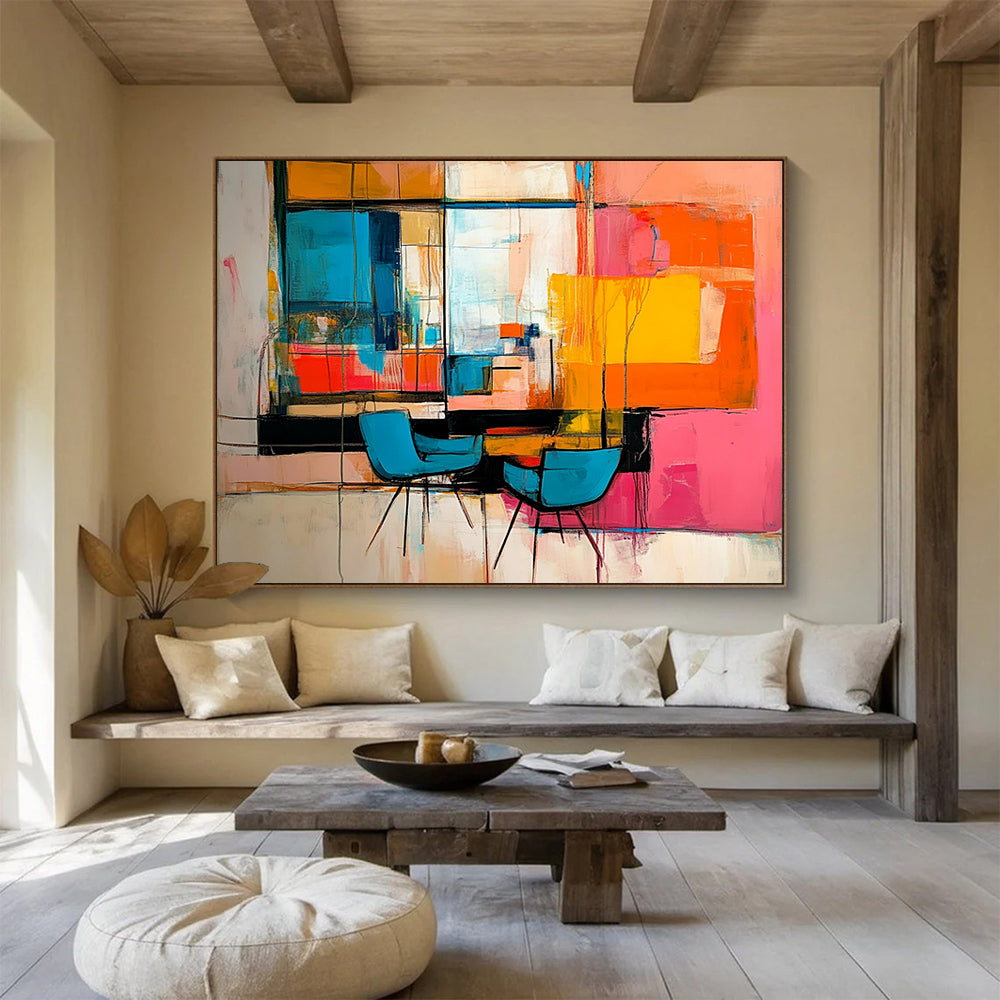 “Vibrant Interior Abstraction” - Multicolor, Abstract Interior Scene with Chairs HB1119