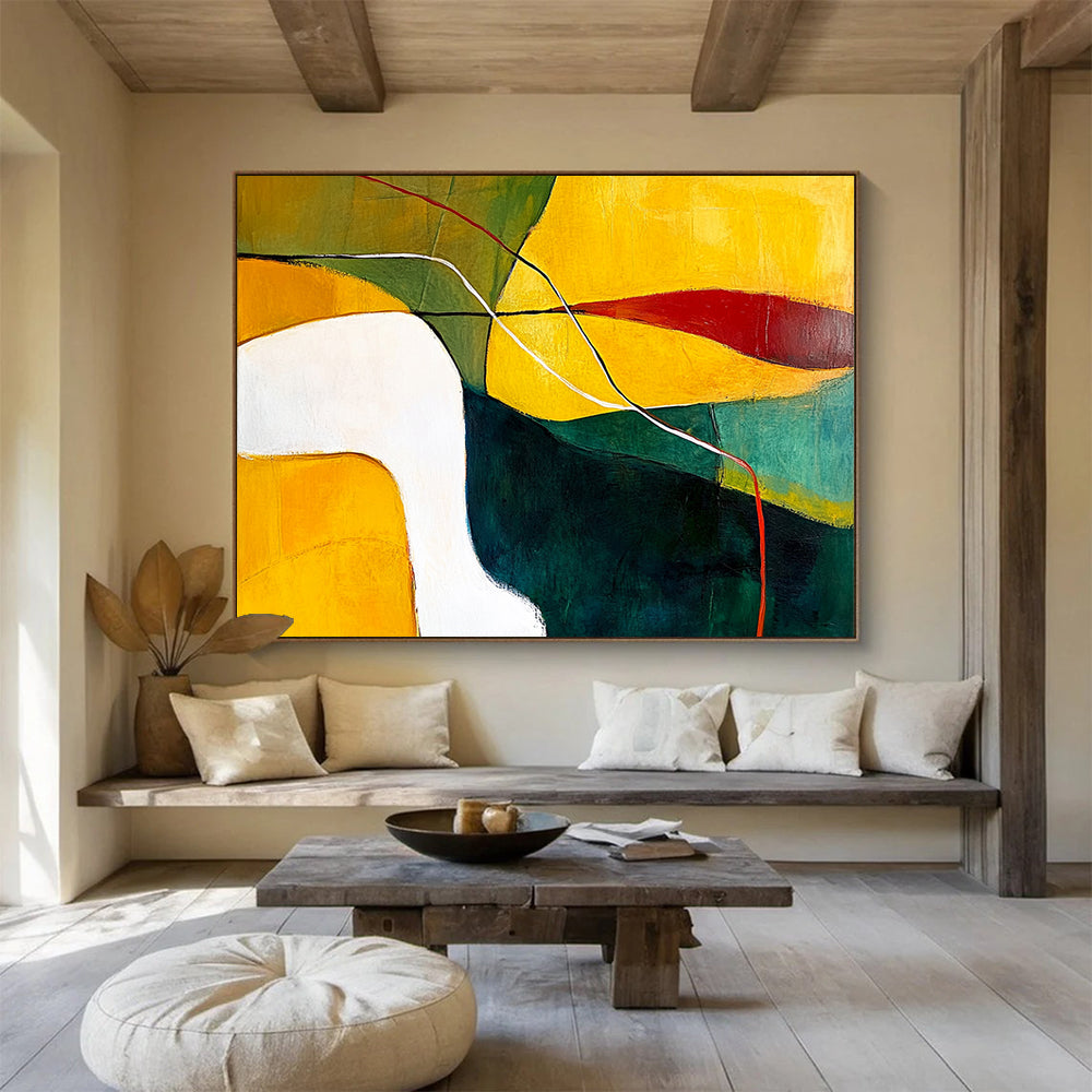“Colorful Geometric Flow” - Yellow, Green, Red, Geometric Shapes and Lines Painting On Canvas HB0954