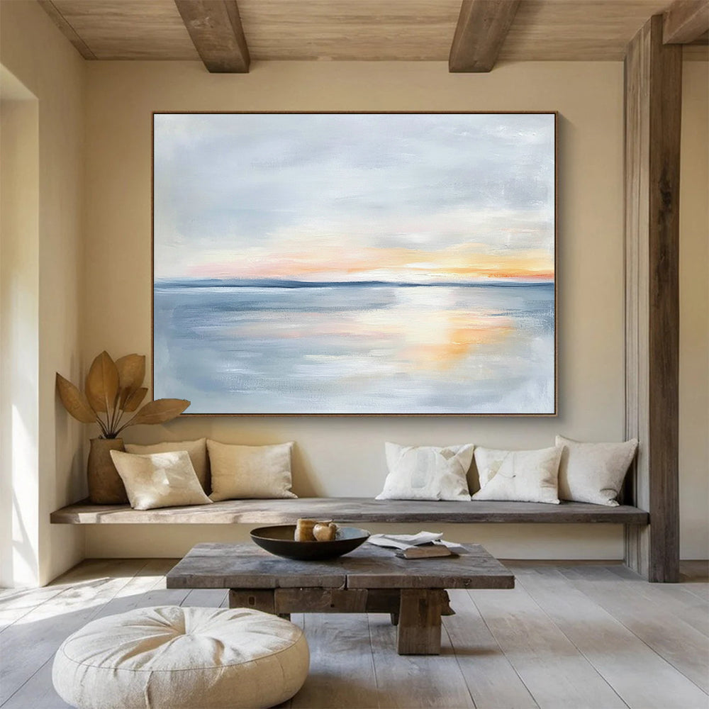 “Pastel Sea Sunset” - Soft Gray, Orange, Pink, Tranquil Seascape Painting On Canvas HB1005