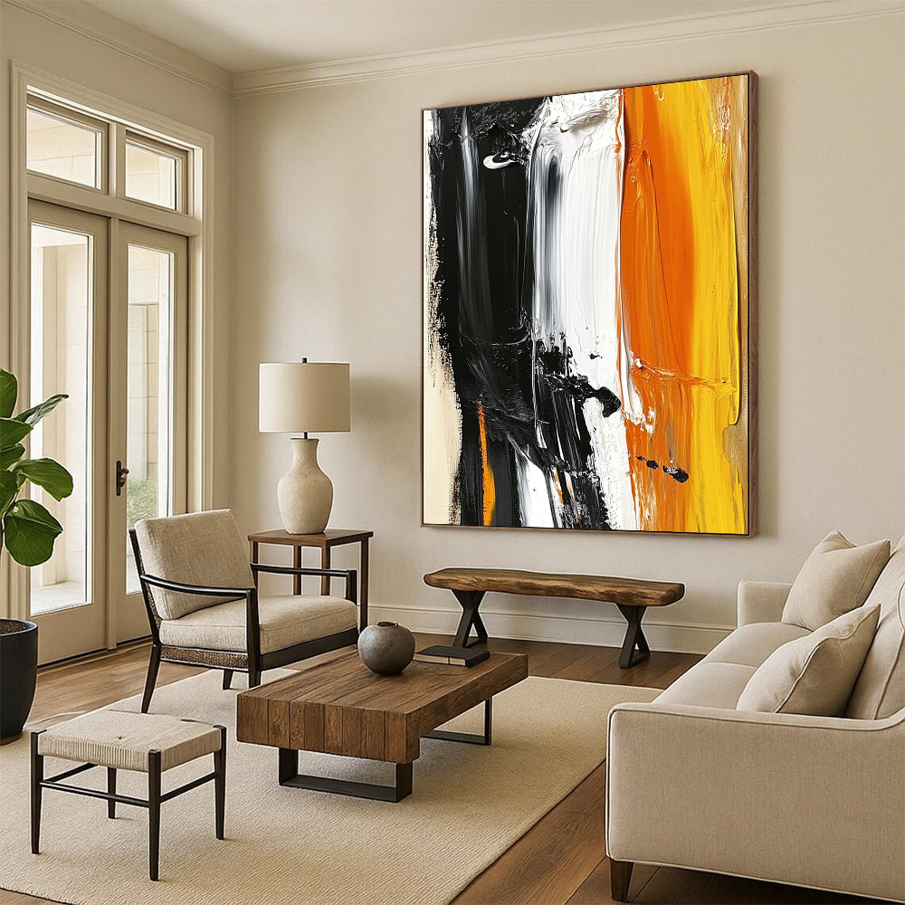 Large contemporary hand-painted abstract artwork featuring striking black white and orange with accents of light yellow on a beige background. DLZ0526