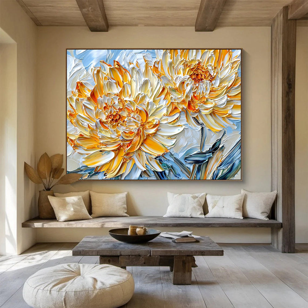 Yellow, White, Orange and Blue Textured Flower "Sunny Petals" Painting On Canvas HB0657