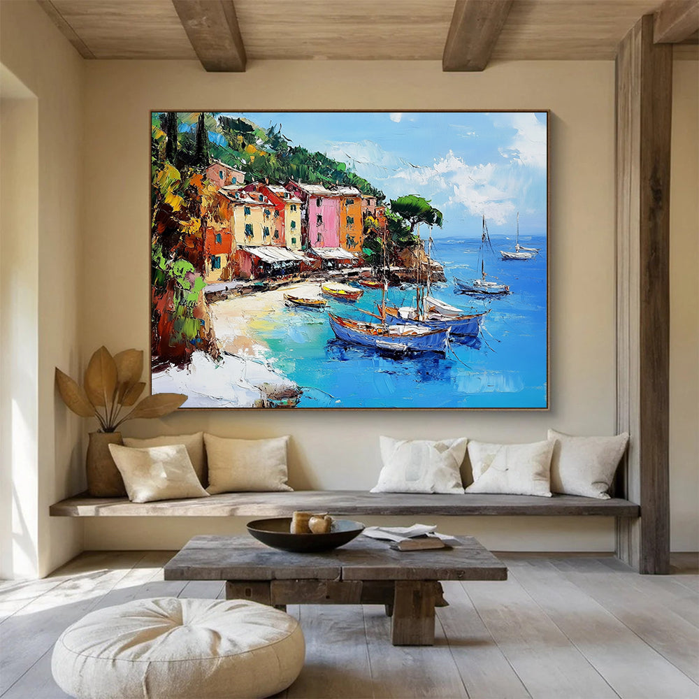 “Coastal Village Charm” - Vibrant Colors, Mediterranean Village by the Sea - Impasto Oil Painting HB1746