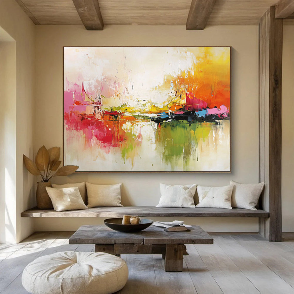 “Vibrant Abstract Harbor” - Red, Yellow, Green, Blue, Bold Boats and Reflections Painting On Canvas HB0924