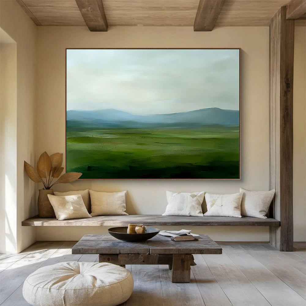 “Soft Green Landscape” - Green, Blue, Gray, Hazy Fields and Mountains - Minimalist Oil Painting HB1701