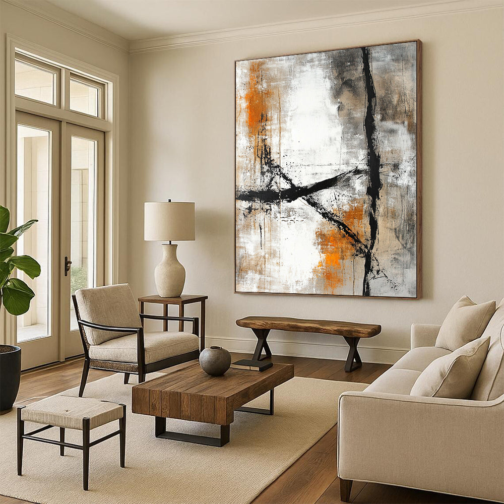 Contemporary hand-painted abstract art featuring a textured canvas with beige and white colors, accented by dark gray lines and light orange tones. DLZ0288