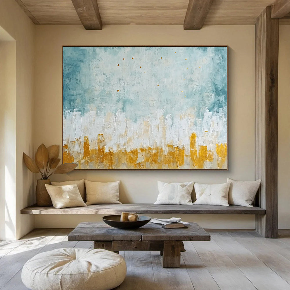 “Blue - Gray Cityscape with Gold Dots” - Blue, Gray, Gold, Abstract Cityscape Painting On Canvas HB1092