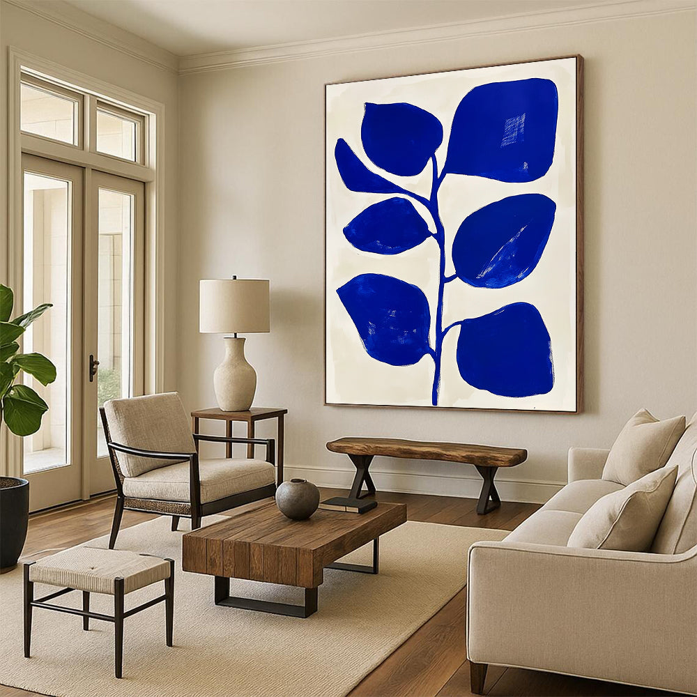 Contemporary hand-painted abstract artwork featuring a blue and white floral design with simple shapes and flat colors in Matisse style. DLZ1153