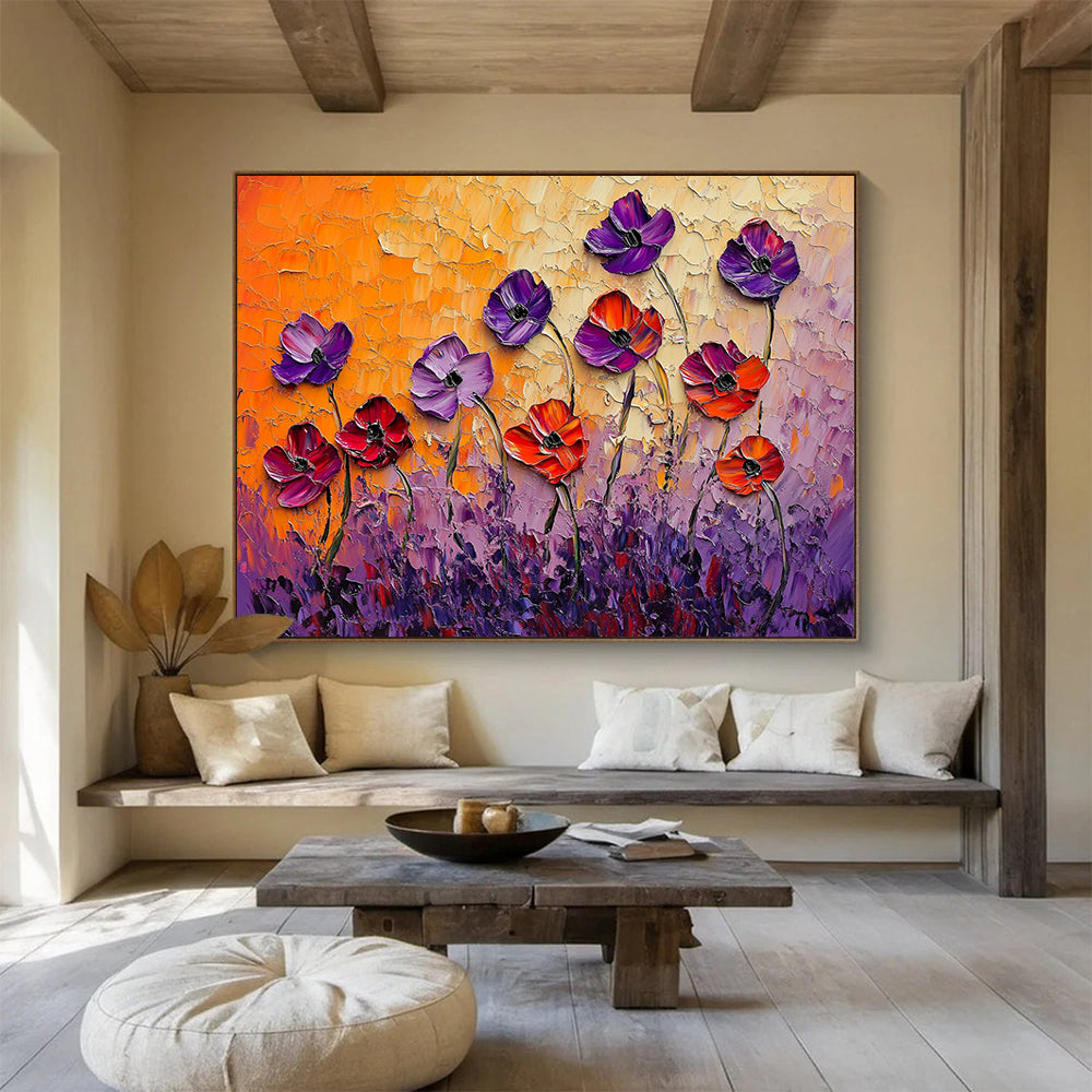 “Textured Poppy Field” - Purple, Orange, Pink - 3D Textured Flowers - Impasto Painting HB1297