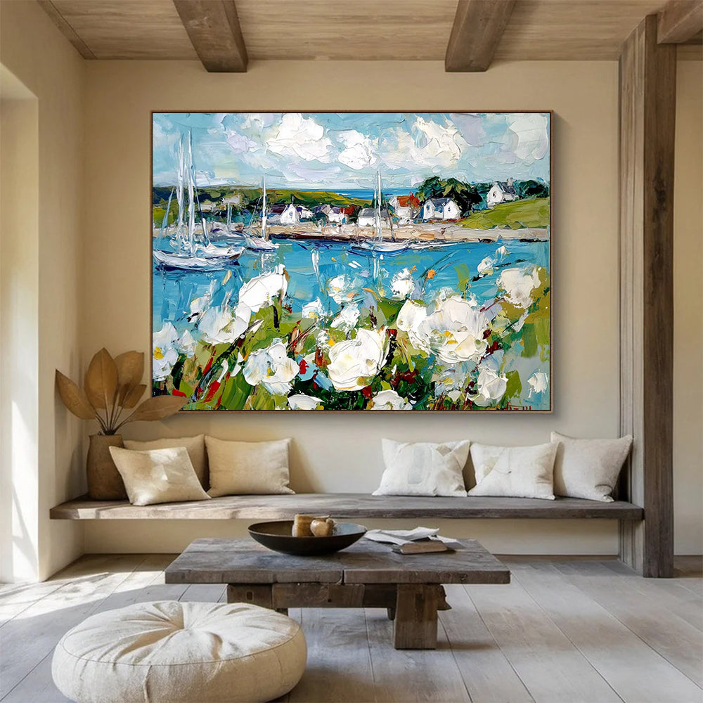 Blue, White, Green and Yellow Coastal Harbor with Flowers "Harbor Blooms" Painting On Canvas HB0666