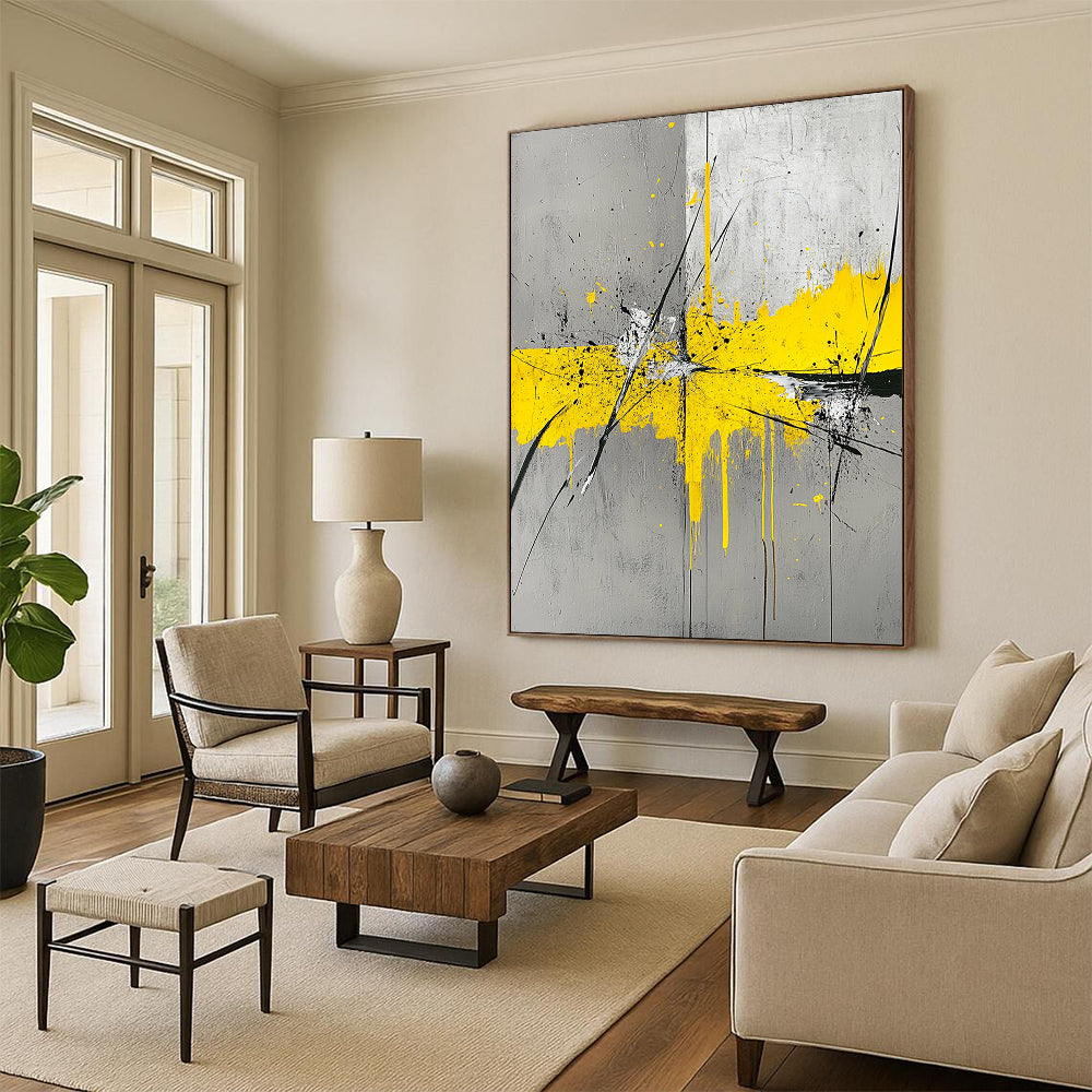 Gray, Yellow, Black, White, Splattered Cross "Dynamic Intersection" Abstract Expressionist Painting On Canvas HB058