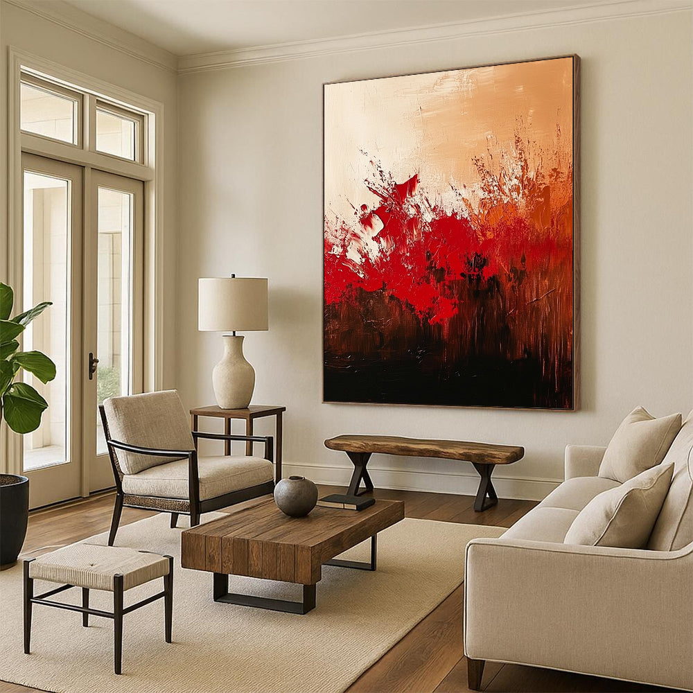 Contemporary hand-painted abstract artwork featuring red and brown hues against a textured beige background with elegant brushwork and depth. DLZ0991