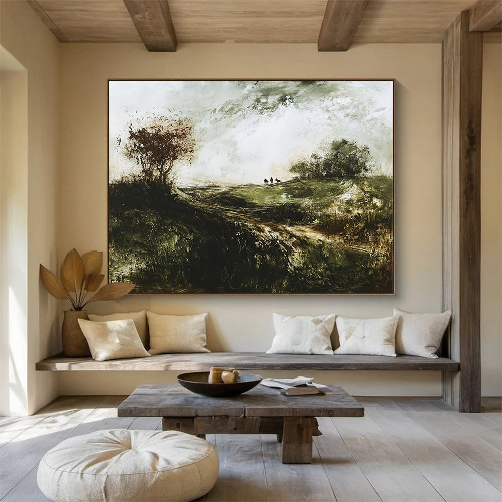 “Misty Moorland Ride” - Earthy greens, muted tones, Textural Landscape Painting On Canvas HB0568