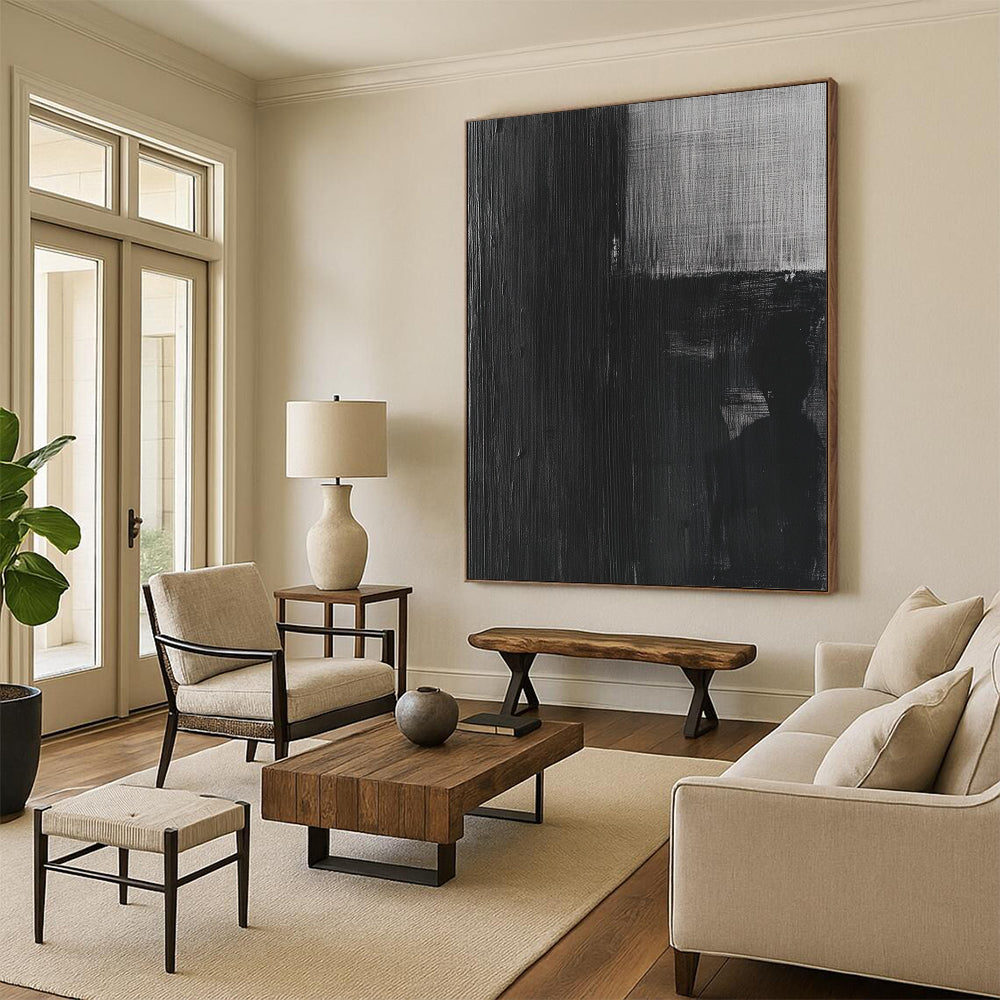 Contemporary abstract painting featuring a black and white oil depiction of an old film negative with a grainy eerie texture. DLZ1142