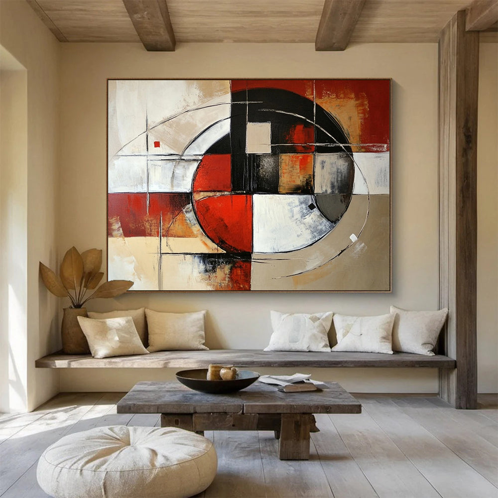 “Circular Geometric Abstract” - Red, black, white, beige, gray; Circular and linear geometric abstract; Acrylic Painting On Canvas HB1242