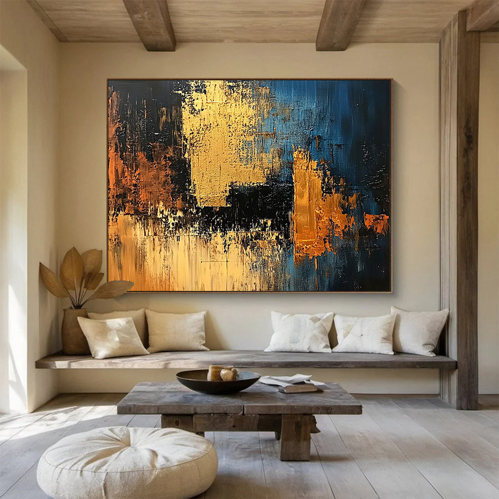 “Blue Gold Abstract” - Blue, black, gold, orange; Textured geometric abstract; Acrylic Painting On Canvas HB1212
